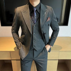 Set: Peak Lapel Plain Double-Breasted Blazer + V-Neck Single-Breasted Vest + High Waist Straight Leg Dress Pants