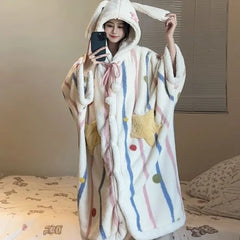 Striped Dotted Hood Pom Pom Coral Fleece Button Robe