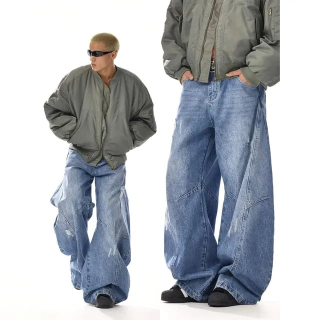 Mid Rise Washed Distressed Panel Wide Leg Jeans