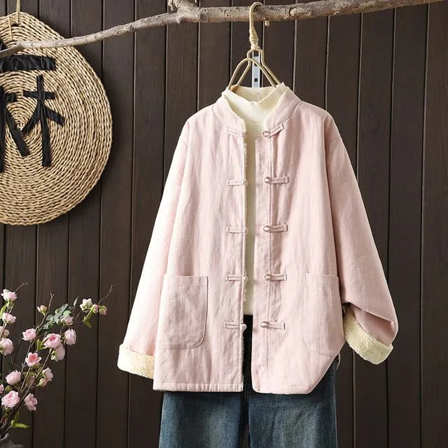 Mandarin Collar Plain Fleece-Lined Frog Button Jacket