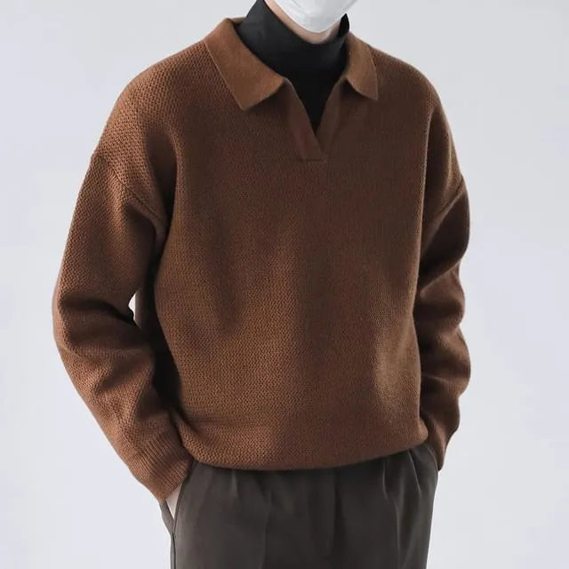 Polo Neck Drop Shoulder Plain Waffle Knit Sweater