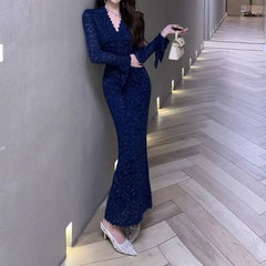 Long Sleeve V-Neck Plain Lace Maxi Sheath Dress