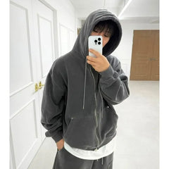 Unisex Washed Loose-Fit Zip-Up Hooded Jacket