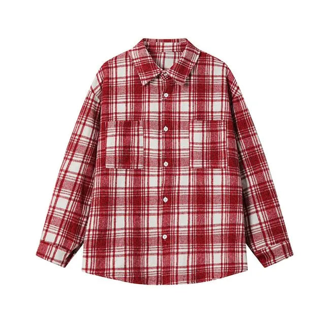 Long-Sleeve Plaid Pocket Detail Oversized Shirt