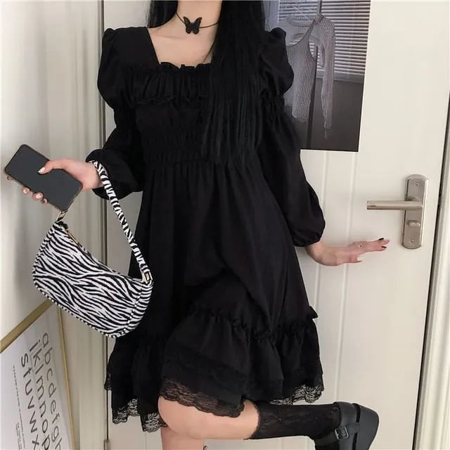 Long-Sleeve Square Neck Lace A-Line Dress