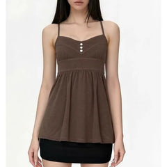 V-Neck Button Detail Plain Open-Back A-Line Camisole Top