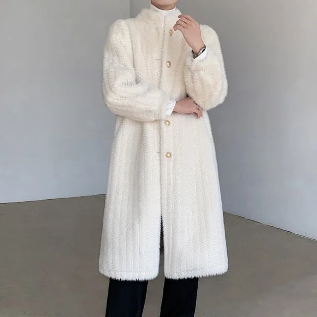 Stand Collar Plain Fluffy Button-Up Long Coat