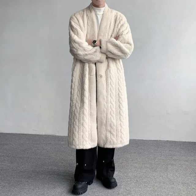 V-Neck Plain Fluffy Button-Up Long Coat