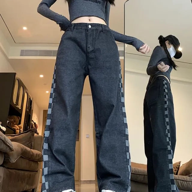 Low Rise Checkerboard Panel Loose Fit Jeans