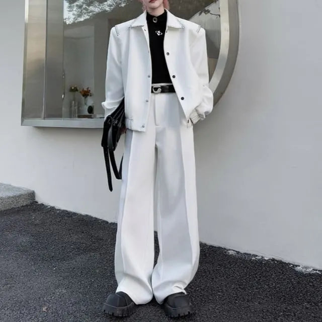Set: Button-Up Plain Blazer + Wide Leg Dress Pants