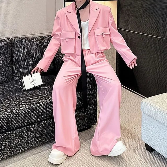 Set: Peak Lapel One-Buttoned Plain Crop Cargo Blazer + Mid Rise Wide Leg Dress Pants