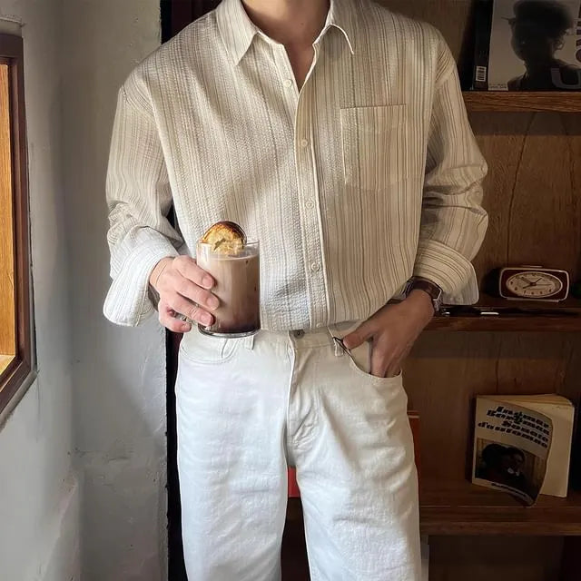 Drop Shoulder Collared Striped Button Up Shirt