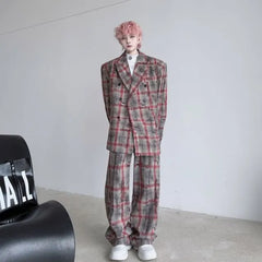 Set: Lapel Collar Plaid Double Breasted Blazer + Mid Rise Wide Leg Pants