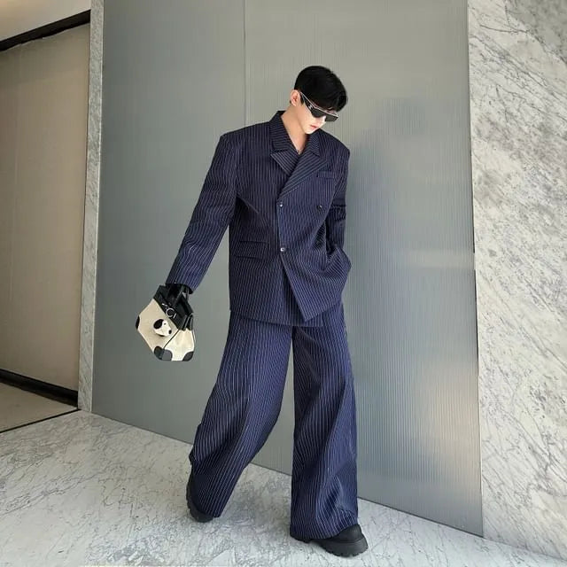 Set: Peak Lapel Striped Double-Breasted Blazer + Mid Rise Wide Leg Dress Pants