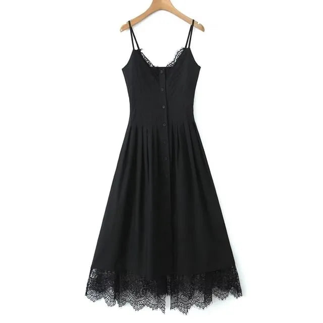 Spaghetti Strap V-Neck Lace Midi A-Line Dress