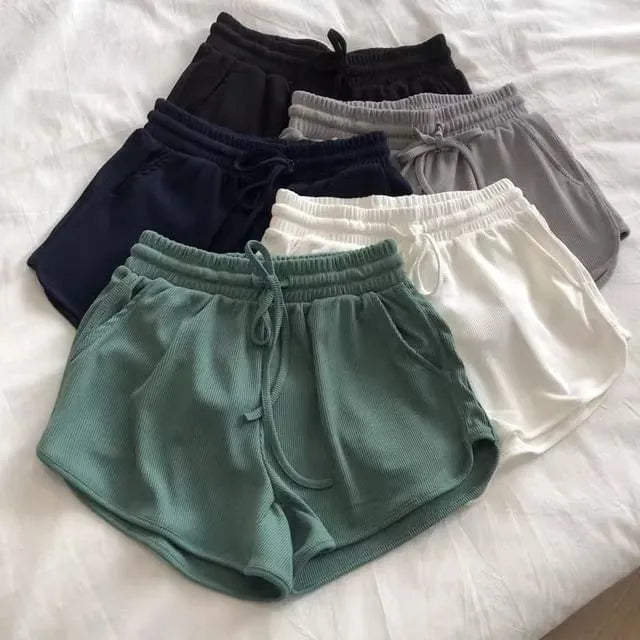 Drawstring Waist Plain Ribbed Wide Leg Sweat Shorts