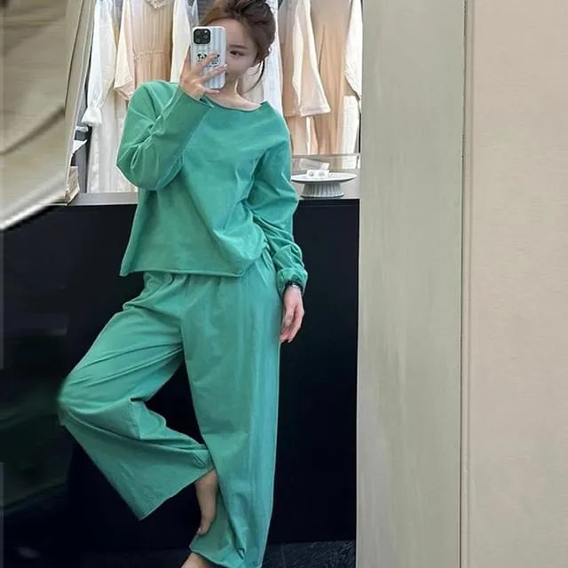 Pajama Set: Long-Sleeve Plain Top + Pants