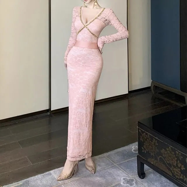 Long-Sleeve V-Neck Lace Sequin Slit Midi Sheath Dress