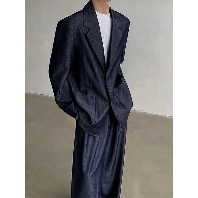 Notch Lapel Washed Single Breasted Denim Blazer / High Waist Wide Leg Jeans