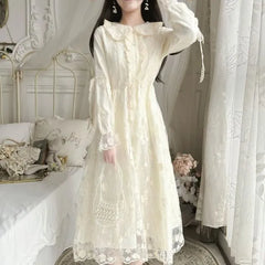 Long-Sleeve Collared Lace Midi A-Line Dress