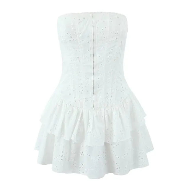Strapless Hook & Eye Mini A-Line Eyelet Lace Layered Dress
