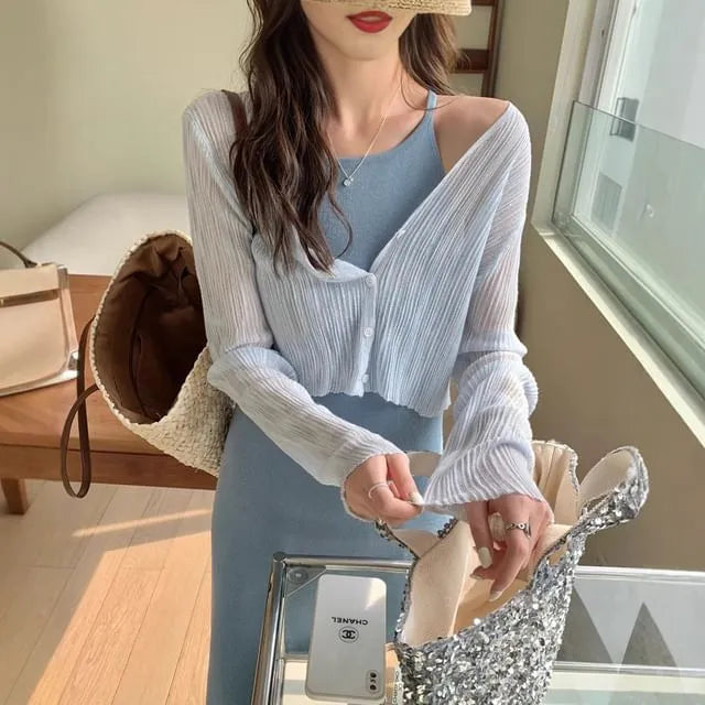 V-Neck Button-Up Plain Sheer Crop Cardigan