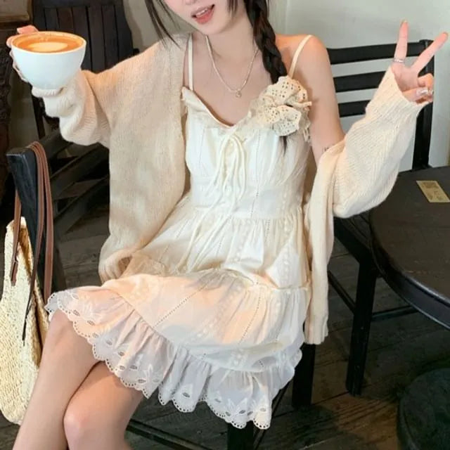 Spaghetti Strap V-Neck Eyelet Lace Panel Frill Trim Tie Front Mini A-Line Dress / Plain Cardigan