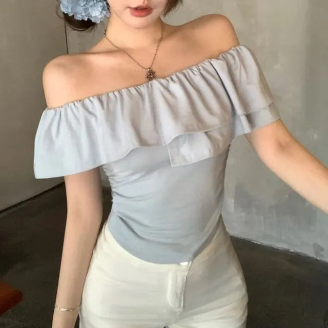 Short-Sleeve Off-The-Shoulder Plain Ruffle Crop Tee