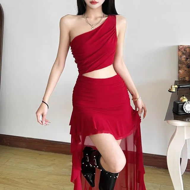 Sleeveless One Shoulder Plain Ruched Cut-Out Asymmetric Mini Dress