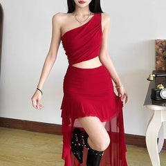 Sleeveless One Shoulder Plain Ruched Cut-Out Asymmetric Mini Dress