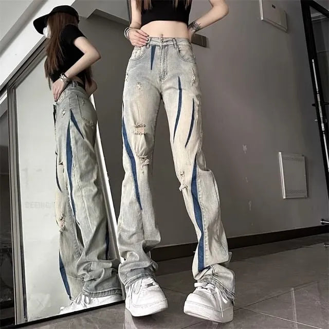 Mid Rise Distressed Washed Straight Leg Jeans