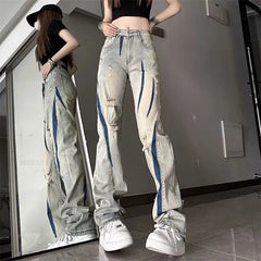 Mid Rise Distressed Washed Straight Leg Jeans