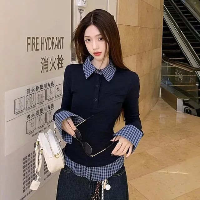 Mock Two-Piece Long Sleeve Gingham Button-Up Shirt