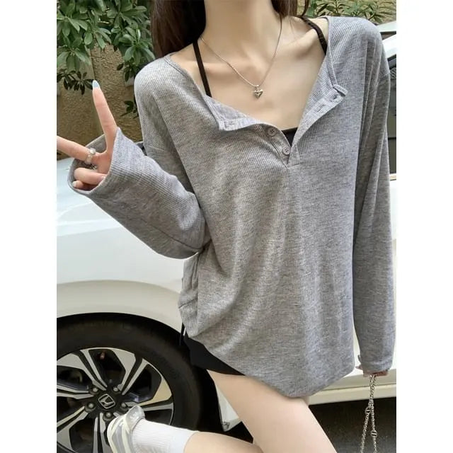 Long-Sleeve Henley Plain Ribbed T-Shirt / Halter Neck Padded Crop Top