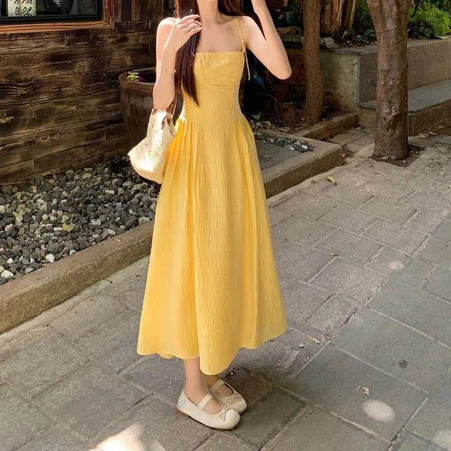 Spaghetti Strap Square Neck Plain Pleated Midi A-Line Dress
