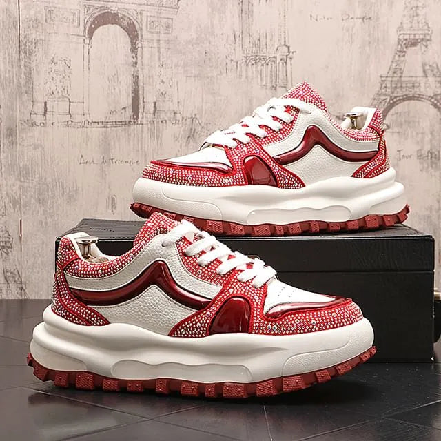 Platform Rhinestone Lace-Up Faux Leather Sneakers