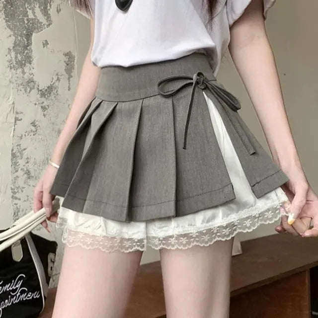 Mid Rise Lace Panel Accent Pleated Layered Mini A-Line Skirt