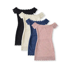 Short-Sleeve Off Shoulder Plain Lace Mini Bodycon Dress