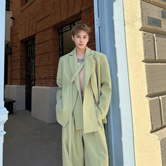 Set: Peak Lapel Plain Asymmetrical Blazer + Mid Rise Wide Leg Dress Pants