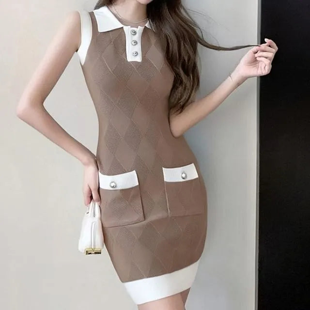 Sleeveless Collar Contrast Trim Mini Bodycon Dress