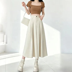 High-Rise Pleated Midi A-Line Skirt