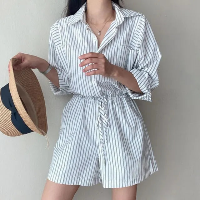 Long-Sleeve Henley Striped Pocket Front Romper