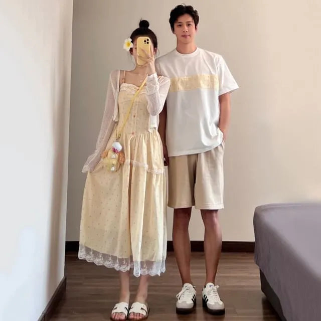 Couple Matching Spaghetti Strap Dotted Lace Panel Midi A-Line Dress / Plain Perforated Crop Cardigan / Elbow-Sleeve Crew Neck Panel T-Shirt / Drawstring Waist Wide Leg Shorts / Set