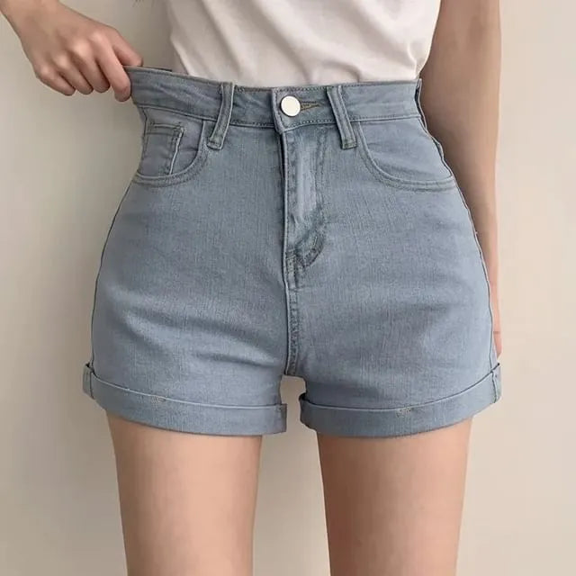 High Waist Washed Roll Up Hem Denim Hot Pants