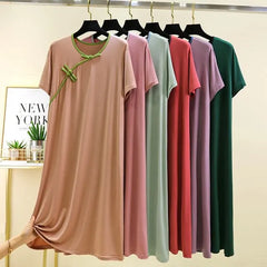 Short-Sleeve Frog Buttoned Midi Pajama Dress