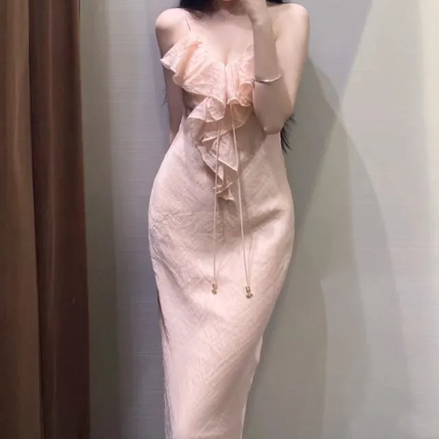 Spaghetti Strap V-Neck Plain Ruffle Trim Open Back Maxi Mermaid Dress