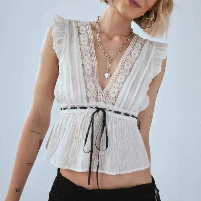 V-Neck Ruffled-Trim Crop Tank Top