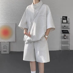 Set: Elbow-Sleeve Henley Plain Oversized T-Shirt + Mid Rise Plain Shorts