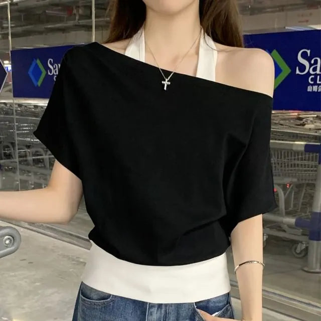 Mock Two-Piece Short-Sleeve Halter Cold-Shoulder Two Tone Tee