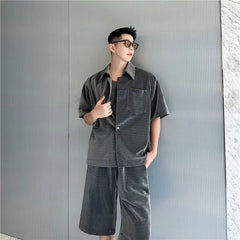 Set: Elbow-Sleeve Crew Neck Plain T-Shirt + Mid Rise Wide Leg Shorts + Shirt